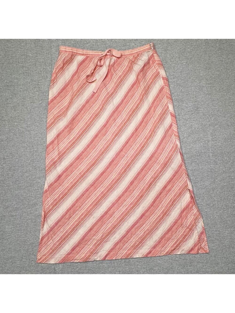 Linden Hill 100% Linen Pink White Striped Wrap Tie Front Midi Skirt Size M